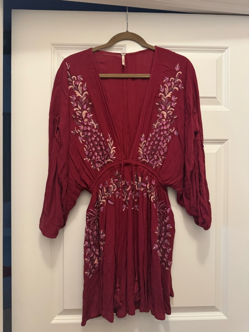 Free People Deep Red Embroidered Mini Dress